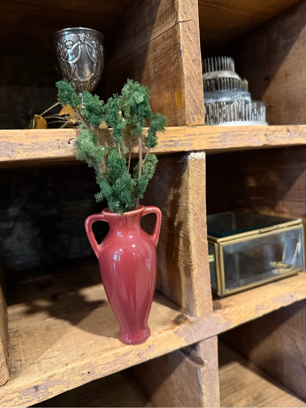 Vintage Ceramic Two-Handle Vase in Deep Rose with Faux Greenery Branches
